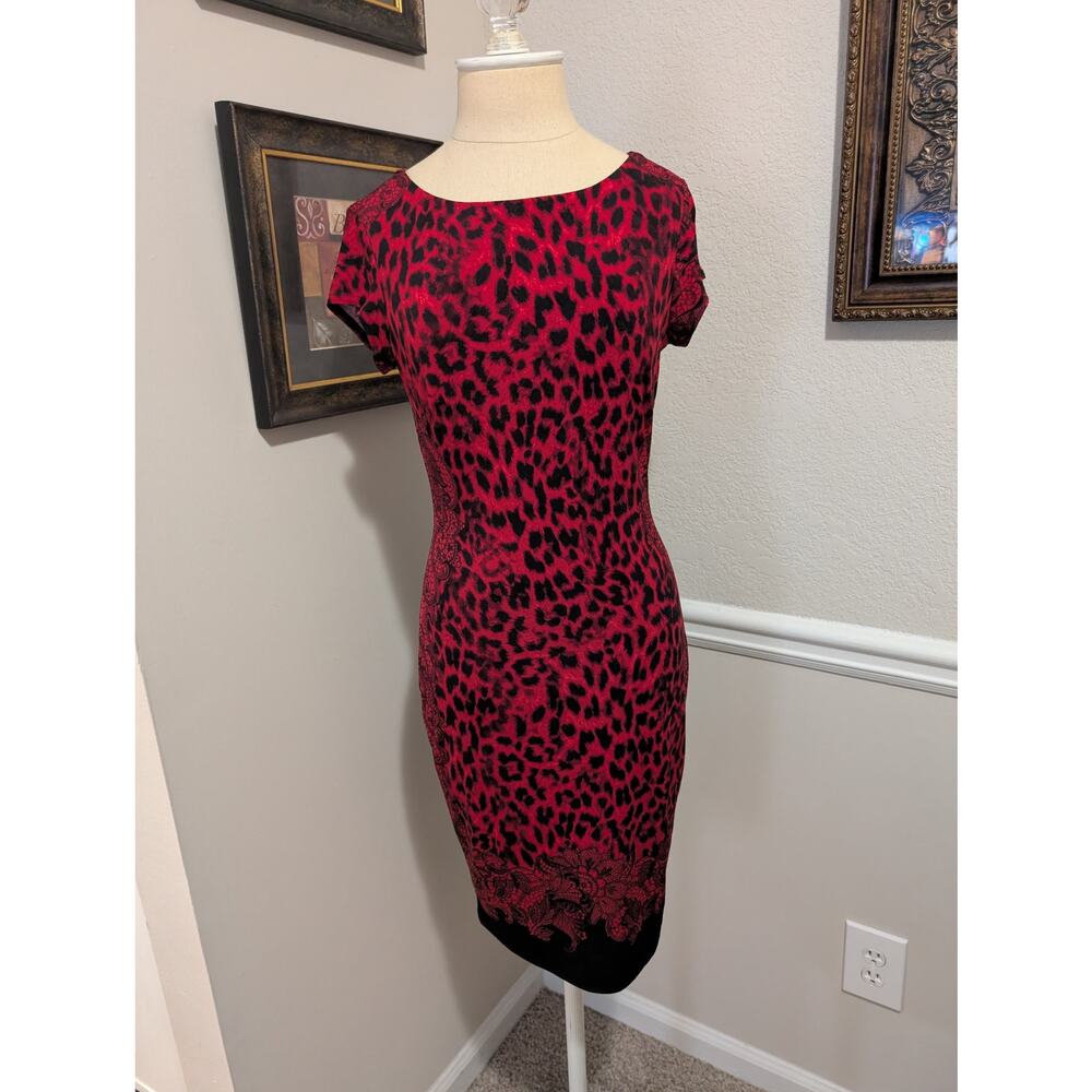 Cache Red & Black Leopard Print Short Sleeve Dress